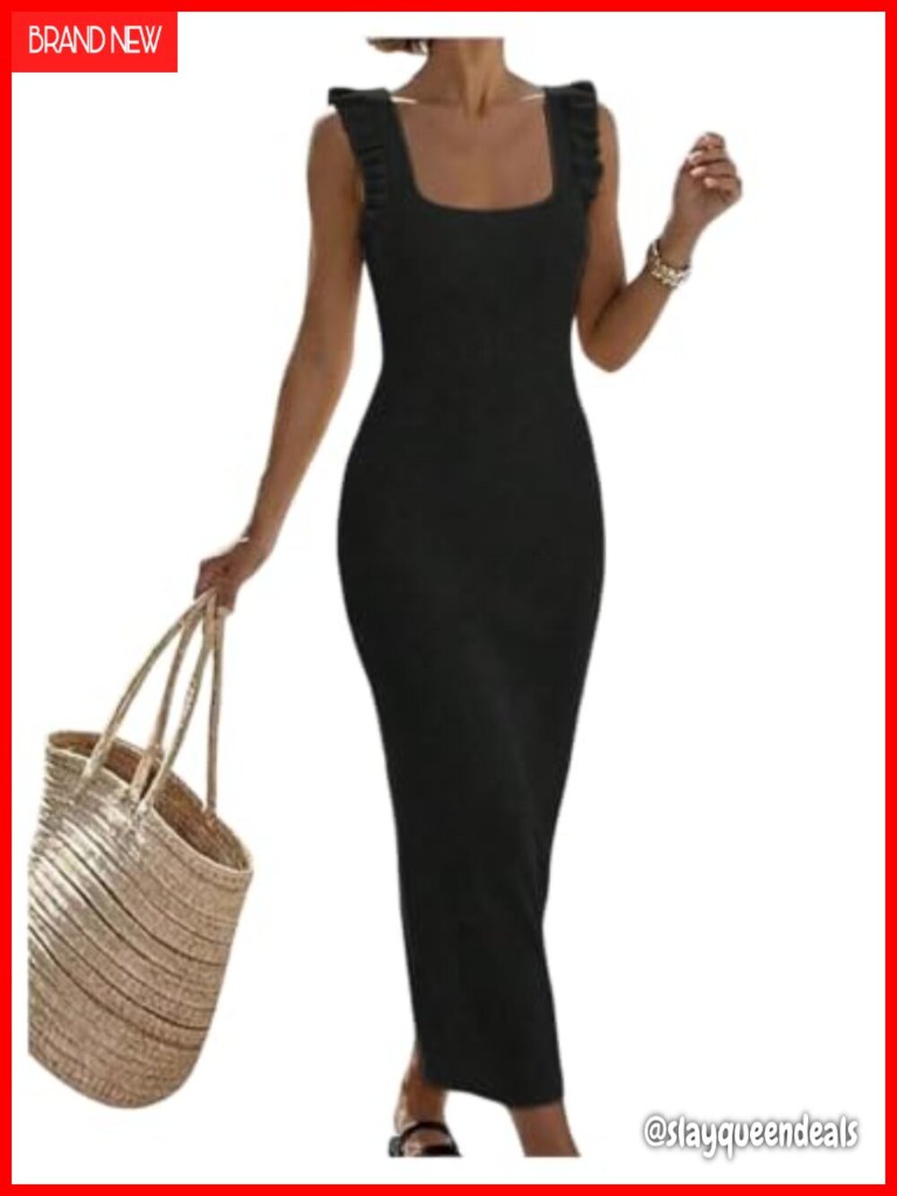 Women's Square Neck Ruffle Sleeveless Bodycon Long Knit Sweater Dress